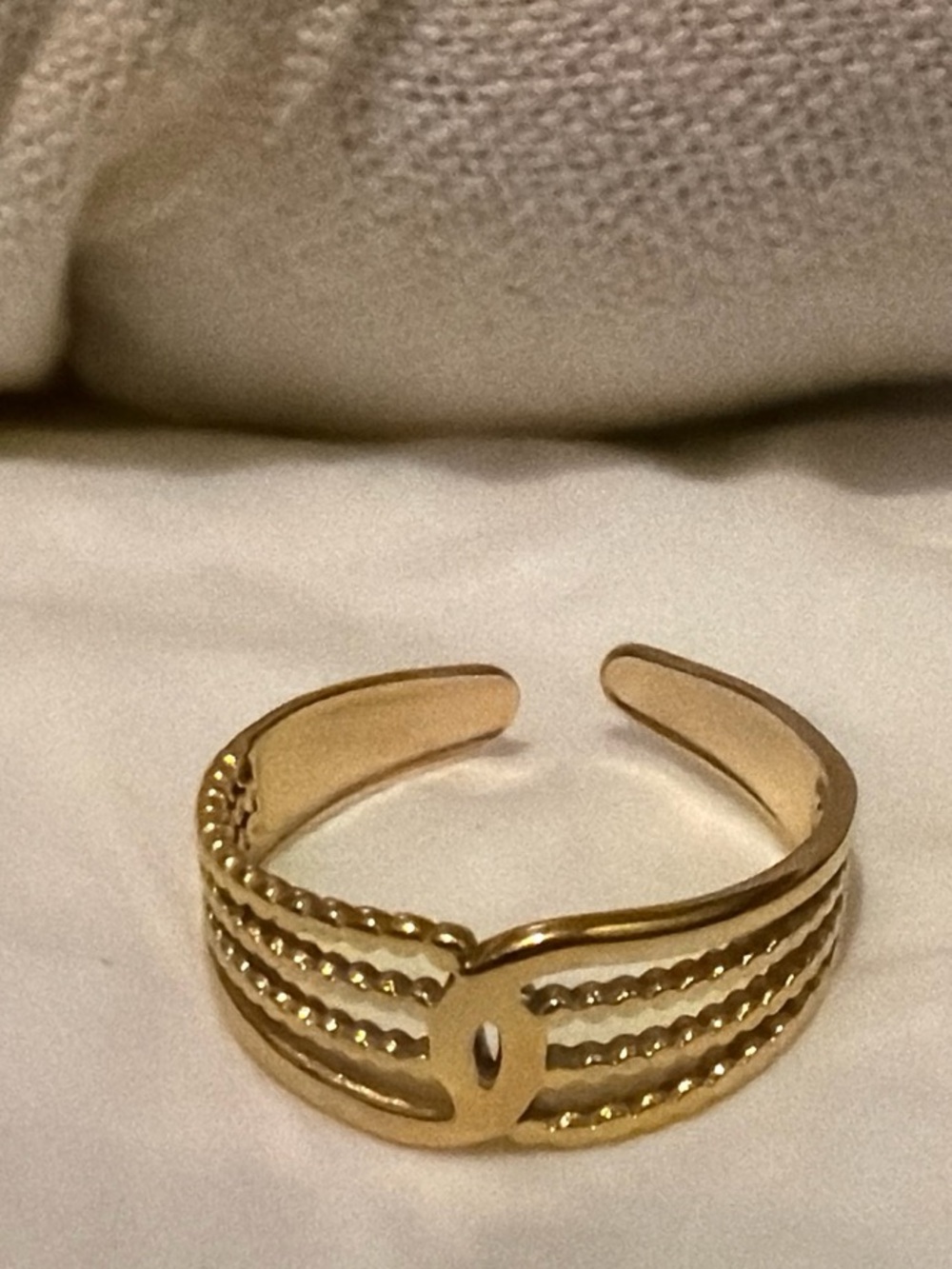 Gold Open Cuff Ring with Beaded Band Detail